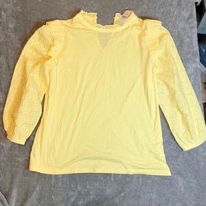 NWT Loft Outlet Ruffle Mock‎ Neck Balloon 3/4 Sleeve Top Yellow L Cotton Spring